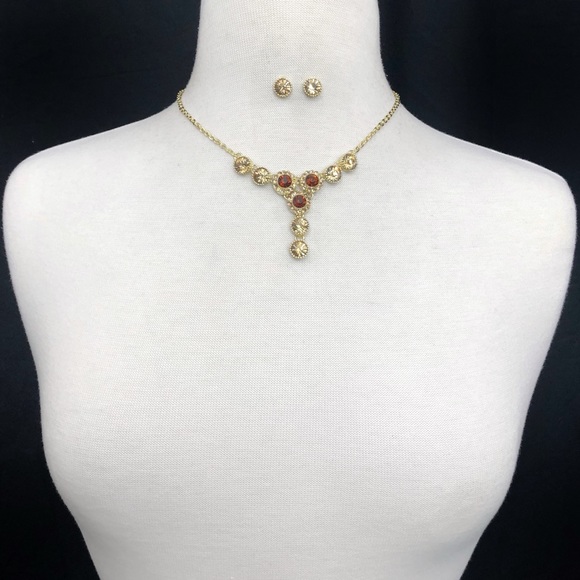 Gold Rhinestone Fancy Formal Necklace Earrings Set - Picture 3 of 3